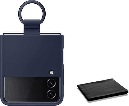 Samsung Galaxy Z Flip 4 Silicone Cover with Ring, Protective Phone Case with Finger Loop, US Version, Navy with Cleaning Cloth