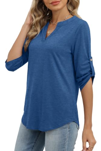 Image of XIEERDUO 3 /4 Length Sleeve Womens Tops V Neck T Shirts Both Side Buttons Blouses Business Casual Outfits Loose Fit