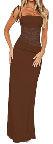 Image of Women's Lace Splicing Cutout Maxi Dress Square Neck Sleeveless Bodycon Long Dress with Sheer Corset