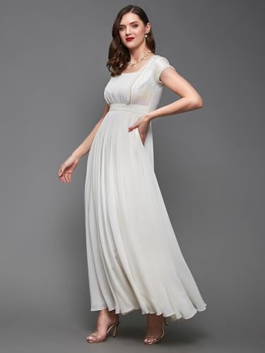 Image of Miss Chase Women's Round Neck Sleeve Embellished Fit Flare Maxi Dress