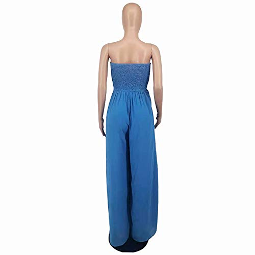 Ophestin Women's Strapless Tube Wide Leg Jumpsuits Smocked Casual Off Shoulder Loose Long Pants One Piece Jumpsuits Rompers Blue M #TOP5