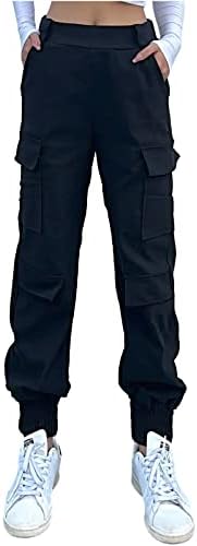 Nuofengkudu Stretch cargobroek voor dames, afritsbare zakken, elastiek, hoge taille, rechte wijde pijpen, pull-on, werkbroek, jeugdige vrijetijdsbroek, grijs, S