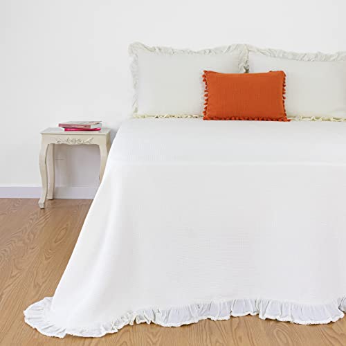Casa da Laura - Colcha Marfil Elegante - Colchas para Cama de 180 - Colcha 280 x 260 cm - Colcha Waffle y Ribete con Volante - 100% Algodón Prelavado