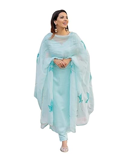 GoSriKi Women's Cotton Blend Straight Solid Kurta with Pant & Dupatta (Resoti_New-GO)