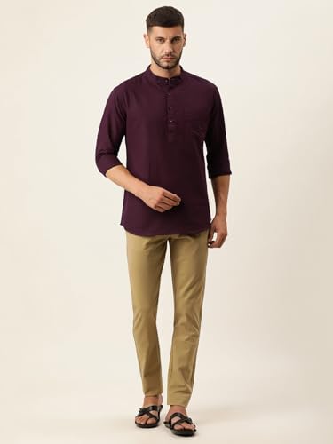 Image of KRYPTIC Men's Full Sleeve Regular Fit Short Kurta in Premium Pure Cotton with Patch Pocket and Mandarin Collar - Perfect Blend of Style and Comfort