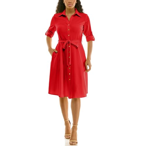 Image of Sharagano Women's Pleated Shirt Dress - 3 /4 Sleeve, V-Neck, Gold Buttons