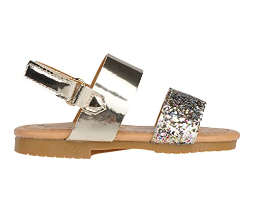 Image of bebe Girl's Sparkly and Strappy Glitter Leatherette Flat Sandals with Adjustable Strap (Toddler /Little Kid)