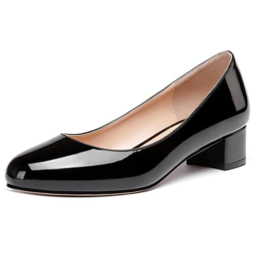 WAYDERNS Women's Black Chunky Round Toe Patent Slip On Low Kitten Heel Pumps Shoes 1.5 Inch Size 10