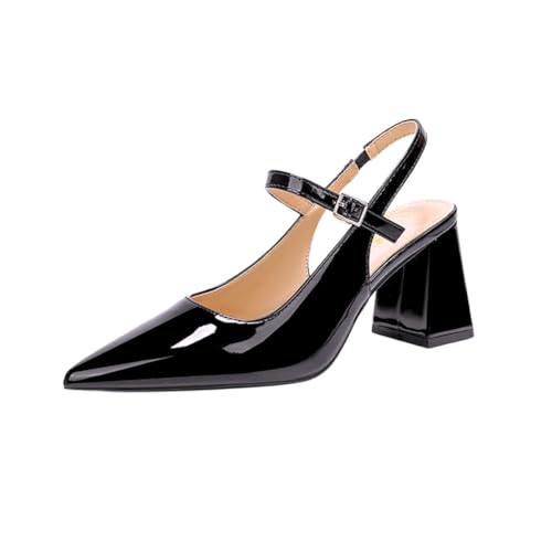 Women’s Slingback Pumps with Ankle Strap, Block Chunky Heel Shoes Pointed Toe with Adjustable Buckle Strappy Heels Wedding Party Dress Shoes Work Pumps