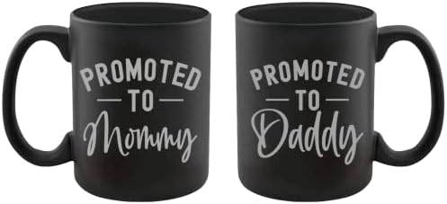 Pregnancy Gift Promoted to Mommy - Promoted to Daddy 11 oz Mug with Silver Text - Top Mom and Dad Gift Set for New and Expecting Parents to Be - Baby Shower Idea
