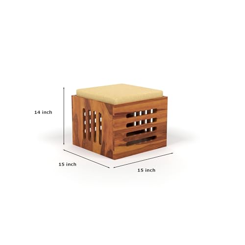 Image of Solid Sheesham Wood Coffee Table with 4 Stool | Center Table with 4 Stools for Living Room | Rosewood Teapoy Table with Cushioned Stool (Urbam,Honey Finish)