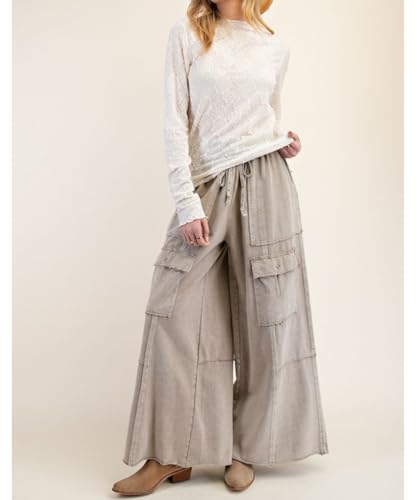 Women's Casual Wide Leg Pants Loose Drawstring Elastic Waist Patchwork Flowy Cargo Pants3
