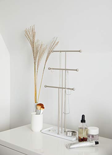 Umbra 299330-491-REM Trigem Hanging Organizer – 3 Tier Table Top Necklace Holder, Box Display with Jewelry Tray Base, One Size, Nickel
