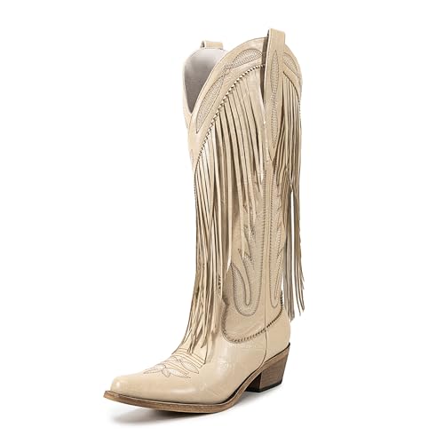 Atuelang Fringe Cowgirl Boots Embroidered Cowboy Boots for Women Tassels Mid Calf Western Boots3
