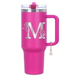 Tswofia Personalized 40 oz Monogrammed Tumbler with Handle & Flip Straw, 100% Leak Proof stainless steel Insulated Tumbler, Customized Initial Funny Gifts for Women Mom Sisters Coworker, M