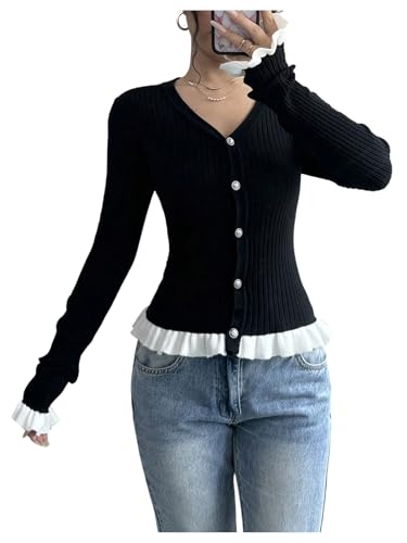MakeMeChic Women's Button Down Cardigan Sweaters V Neck Blouse Lace Long Sleeve Knitted Sweater