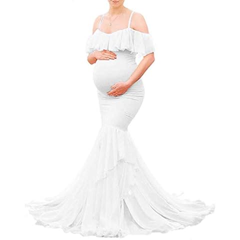 JustVH Womens Maternity Off Shoulder Ruffles Fitted Gown Spaghetti Strap Layerd Mermaid Maxi Photography Dress White Cover