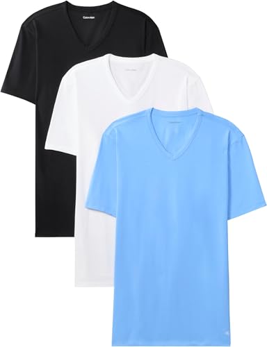 Image of Calvin Klein Men’s 3 Pack Short Sleeve V-Neck T-Shirts, Multicolor (Black W Blue Descent Emb/Blue Desce), 2XL