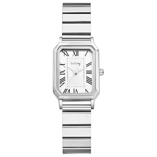 JewelryWe Damenuhr Kleine Rechteckige Uhren: Vintage Römische Ziffern Analog Quarz Armbanduhr mit Silber Schmalem Edelstahlarmband Luxus Elegante Uhr für Damen Frauen JewelryWe Damenuhr Kleine Rechteckige Uhren: Vintage Römische Ziffern Analog Quarz Armbanduhr mit Silber Schmalem Edelstahlarmband Luxus Elegante Uhr für Damen Frauen