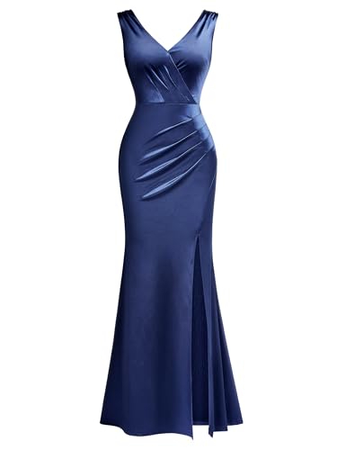 Image of Miusol Women's V-Neck Sleeveless Elegant Satin Ruched Slit Party Formal Maxi Dress