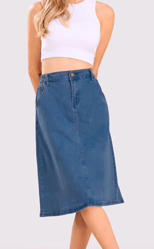 loveimgs Women Casual Mid Long Jean Skirt Denim Midi Skirt with Pockets Western Elastic Waist Summer A Line Skirt2