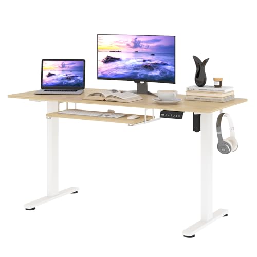 JUNHEDAMAI Electric Height Adjustable Standing Desk with Keyboard Tray, 48 * 24 Inch Sit Stand Up Desk, Ergonomic Computer Desk with 2 Headphone Hook for Home Office Sturdy Writing Workstation, Gaming