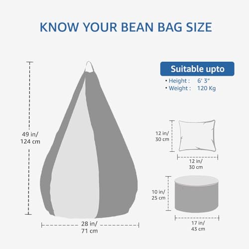 Image of Amazon Brand - Solimo 3XL Premium Faux Leather Bean Bag Combo with Footrest & Cushion, Filled with Beans | Capacity: Upto 6 Ft 3 in Height, 120 KG Weight | Yeah I'm Listening Print