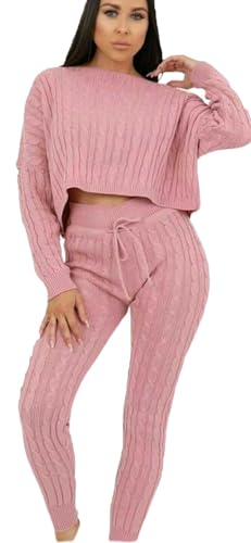 Image of Pretty Attitude Womens Loungewear Ladies Cable Knitted Top Bottom Two Piece Co-Ords Set Tracksuit UK Sizes (8-16) (Pink, 16)
