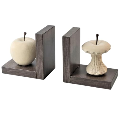 Progetto Arte. Paire de Serre-Livres Pomme/Pomme mangée. Sculpture en Pierre sur Base en Bois. Produit Fait à la Main. Q027T+Q027M