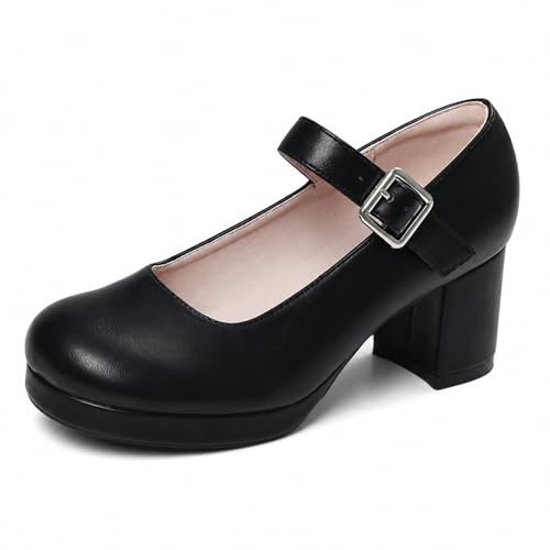 Image of femflame Women's Low Chunky Heel Mary Jane Pumps Ankle Buckle Strap Sweet Round Toe Dress Shoes JK Cosplay Uniform Dress Shoes