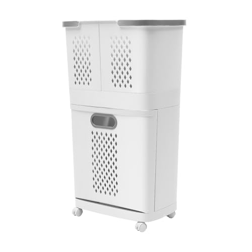 2 Tier Plastic Laundry Hamper, Removable Household Bathroom Clothes Storage Basket Cart Floor Standing Large Carrying Laundry Hamper with Handle and 4 Wheels for Bedroom, Bathroom