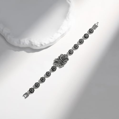 Women Rhodium Plated Vintage Black Marcasite Rose Flower Link Chain Bracelets 7.5 Inches3
