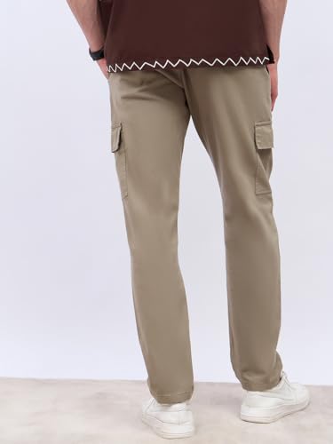 Image of Styli Men Olive Cargo Slim Fit Cotton Stretch Cotton Regular Mid-Rise Chinos, Olive, 30