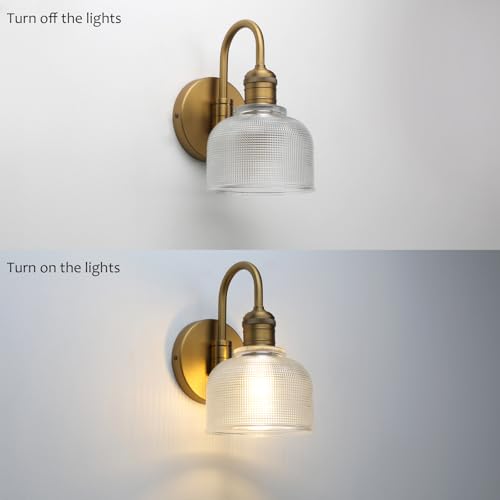 Image of Yosoan Brass Gold Vintage Wall Sconce with Striped Shade, 1-Light Modern Vanity Light Industrial Single Wall Mounted Hardwired Bowl Texture Glass Shade for Living Room Bedroom Kitchen Hallway(Antique)