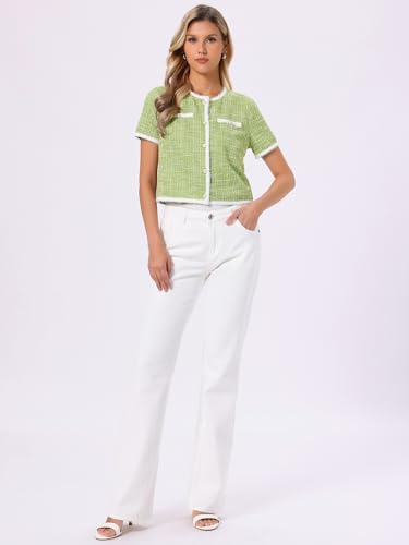 Image of Allegra K Short Sleeve Tweed Jacket for Women Summer Crew Neck Button Front Cropped Cardigan