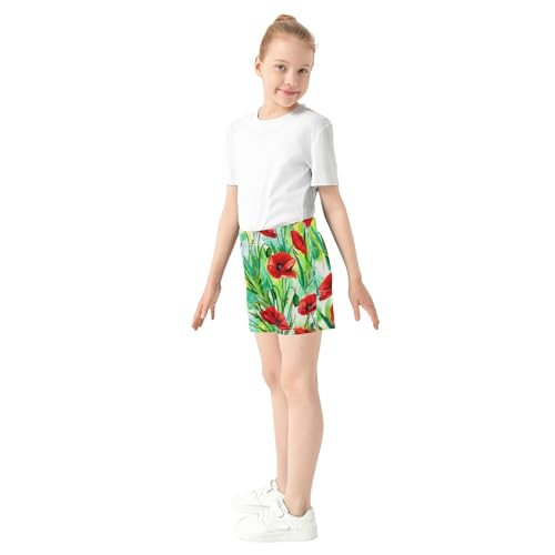 Girls Athletic Lounge Shorts Red Poppy Flower Print Youth Casual Summer Activewear Soft Comfy Pajama Shorts, X-Small4