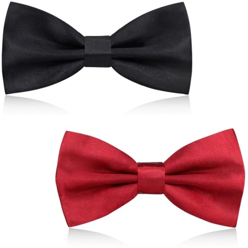2 Piezas Pajaritas Hombre, Pajarita Niño de Color Solido Clásico Ajustable, Bow Tie Elegante con Gancho con Nudo,para Adultos y Niños, para Bodas, Fiestas, Sesiones,Negro + Vino Tinto