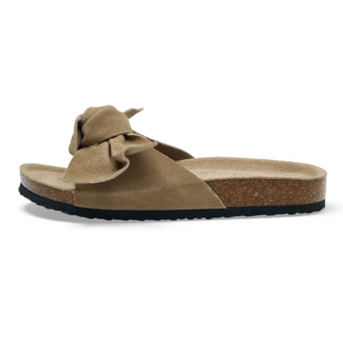 Image of PepStep Slide Sandals for Women or Ladies Dressy Summer Casual, Cute Bow Tie Knot On Top Strap, Comfy Slip On Cork Foot Bed