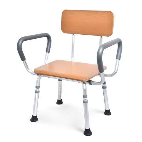 Sangohe Shower Chair for Inside Shower with Arms and Back, Height Adjustable Shower Chair for Elderly and Disabled, Wood Seat Board and Back, 400 lbs Heavy Duty Shower Seat for Seniors, 796A