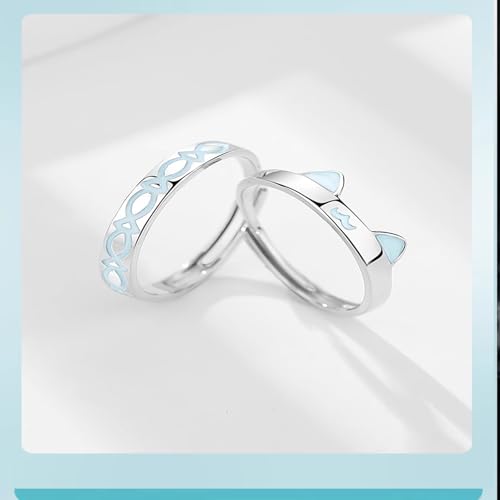 Bagues de couple chat et poisson phosphorescentes en argent S925