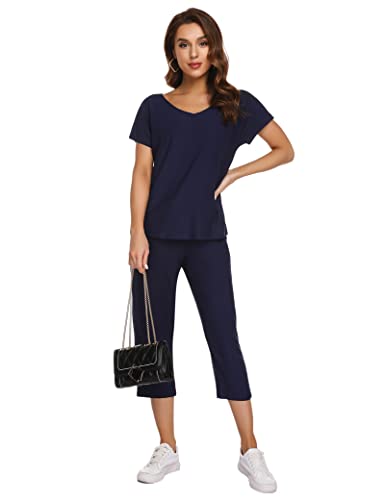 【Design】Completo donna casual, top: maniche corte casual con scollo a V, può essere indossato normalmente o senza spalle. Pantaloni: pantaloni capri 3/4 con tasche. Homewear è un'ottima scelta quando vuoi indossarlo in casa o per un esercizio moderato.