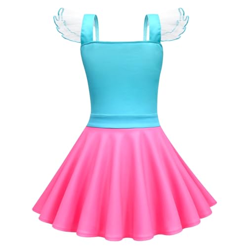 Girls Poppy Flutter Sleeve Blue and Pink Summer Square Neck Flounce Hem Casual Party Dress Outfits2