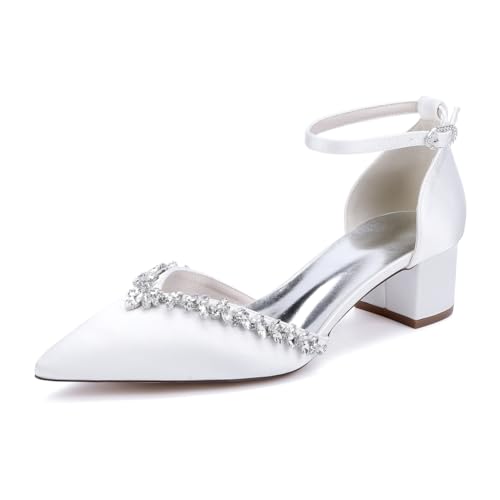 TNMIUH Scarpe da Sposa Eleganti con Tacco Medio, Punta Affusolata, Decorazioni in Cristallo, Cinturino alla Caviglia, Bianco/Avorio Satinato Scarpe col Tacco da Sposa Comode,Bianca,39 EU
