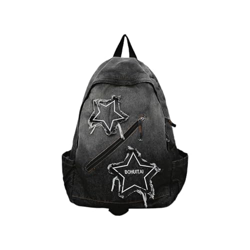 Mochila Y2K Star, mochila jeans gótica grunge, mochila punk emo estética, mochila gótica vintage para mulheres e homens, 【Preto-a】, M