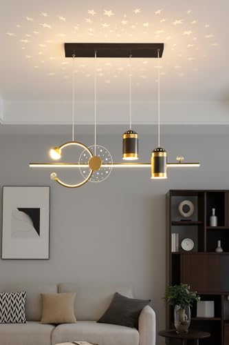 Image of Modern Linear LED Pendant Chandelier Light | Contemporary Star Projection Hanging Ceiling Lamp | Black & Gold Finish | Ideal for Dining Table, Kitchen Island, Living Room & Bar