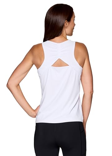 RBX Active Workout Top for Women, Quick Drying Sleeveless Gym Shirt Body Skimming Open Back Tank for Yoga, Running, Fashion White M
