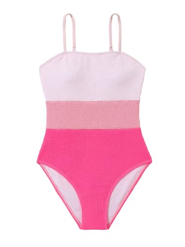 OYOANGLE Girl's One Piece Swimsuits Colorblock Sleeveless Spaghetti Straps Wireless Swimwear