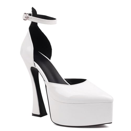 Betastella Women's Pointed Toe Platform High Chunky Heels Patent Leather Ankle Strap Pumps Closed Toe Block Heel Sandals Wedding Party Shoes