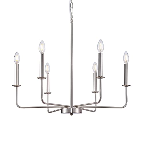 Punsoko Modern Brushed Nickel Chandelier, 6-Light Candle Chandeliers For Dining Room, Kitchen Dining Room Light Fixtures With Adjustable Chain (Brushed Nickel, 6-Light) #TOP18