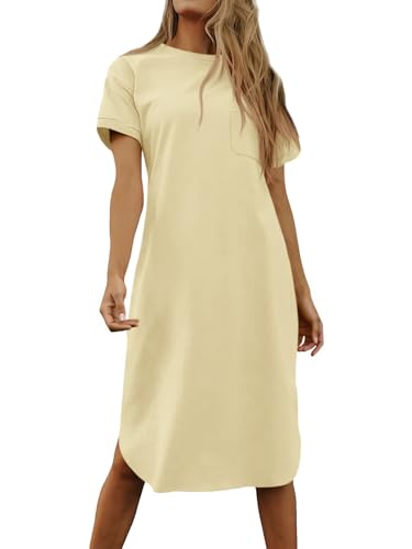 Image of Dyexces Summer Dress for Women Crew Neck Short Sleeve Solid Basic T-Shirts Casual Midi Dresses with Pocket
